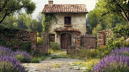 French countryside gate house with lavender garden and rustic charm