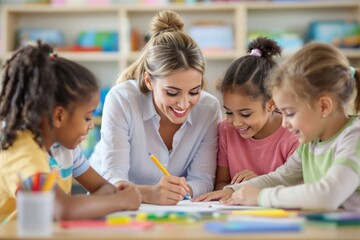 Fototapeta premium Teacher and young children smiling and drawing together at a classroom table, colorful educational background, concept of creative early childhood learning, Ai generative