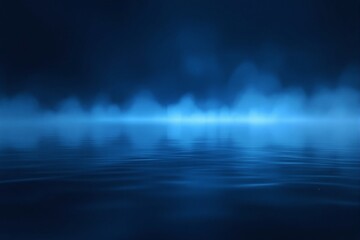 Obraz premium Blue water surface with gentle waves and glowing mist in the distance, dreamy creative background with calm mood and soft gradients. Ai generative
