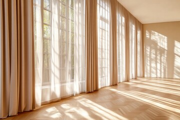 Sun-drenched room with large windows and curtains