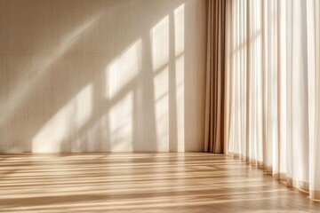 Empty room bathed in sunlight.  Soft, diffused light streams through sheer curtains, casting shadows on the light beige walls and light brown hardwood floor