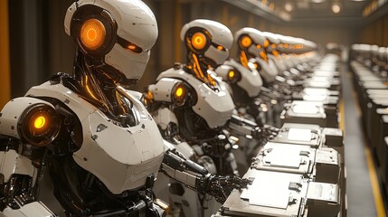 Fototapeta premium Futuristic robots in a production line, meticulously arranged.