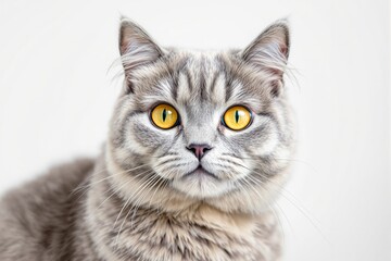 Fototapeta premium Close-up of a gray tabby cat with yellow eyes, creative photorealistic style, isolated on white background. Concept of pet beauty and emotions. Ai generative