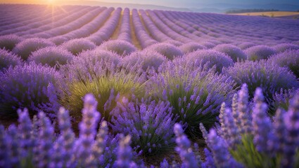 Obraz premium Blooming Lavender Field at Sunrise with Rows of Purple Flowers