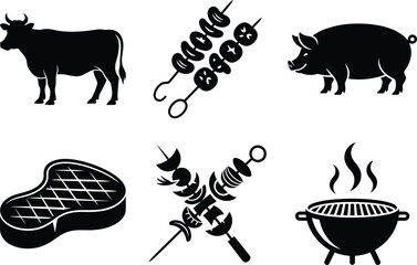 BBQ Silhouette Collection – Grill, Meat & Cookout Elements. Grill Master Silhouettes, Barbecue Tools & Cooking Poses, Barbecue Silhouette, BBQ Grill and Meat, Picnic, Smoker & Grilling Vectors, Flames