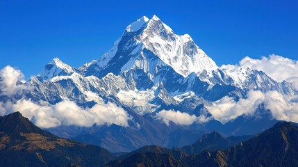 Majestic snowy mountain peak shrouded in luminous clouds under blue sky in dramatic outdoor scene