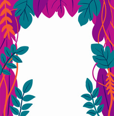 Tropical Leaf Border Frame, Jungle Foliage, White Background