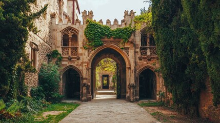 Fototapeta premium Grand stone gate house with tall arches and climbing vines