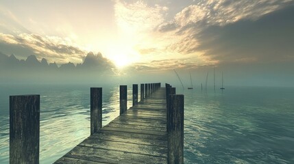 Obraz premium Wooden pier extending over water towards bright horizon and sky