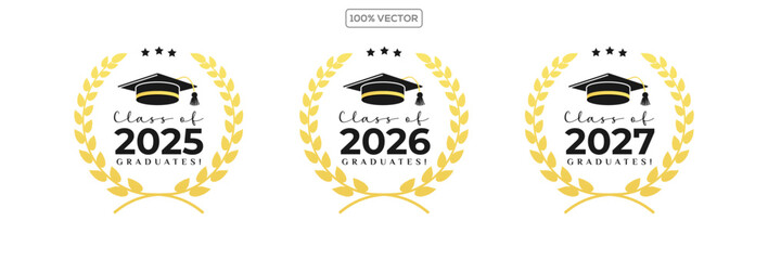 Set of class of 2025 2026 2027 graduation award emblem design template, graduation cap with laurel wreath in gold color template design collection 3