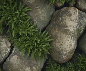 Dark green moss, delicate ferns on weathered stone ,  garden,  woodland,  environment