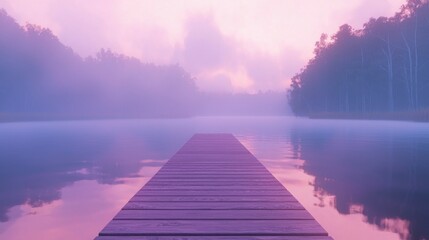 Wooden pier extends over lake towards misty horizon in pastel colors