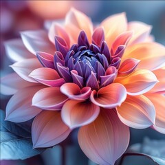 Fototapeta premium Artistic dahlia flower close up in soft light vibrant petals in purple peach and orange hues delicate backdrop