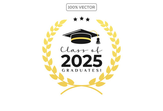 Set of class of 2025 graduation award emblem design template, graduation cap with laurel wreath in gold color template design collection stock