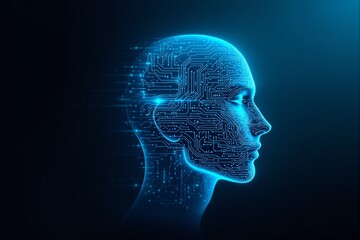 Glowing digital human head profile with circuit board pattern, creative neon style on dark blue background, concept of artificial intelligence. Ai generative