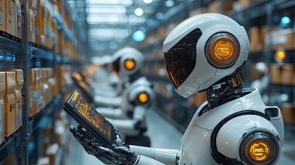 Warehouse robots monitor inventory in modern facility.