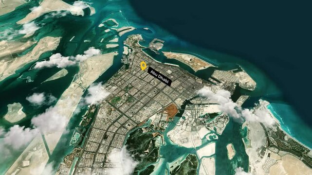 Abu Dhabi Aerial Animation Satellite Map with Dynamic Clouds and English City Label