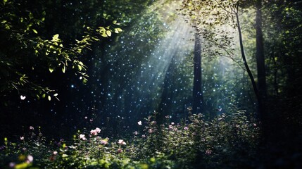 Obraz premium Sunbeams in a mystical forest glade