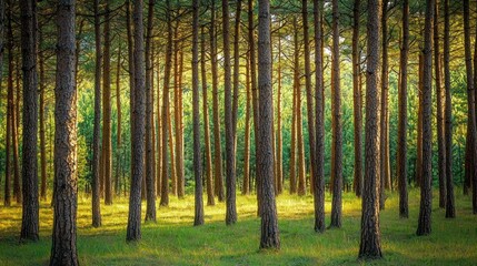 Obraz premium Morning sunshine filtering through tall pine trees in a quiet forest