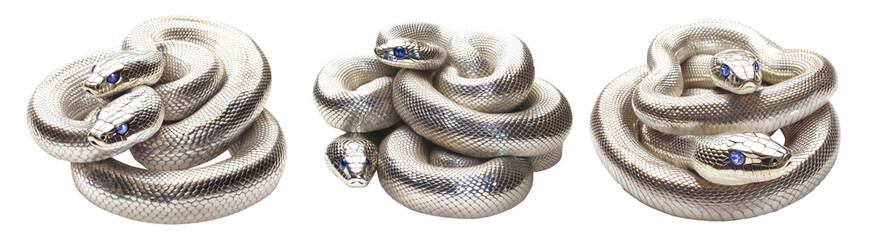 Fototapeta premium Coiled silver snake sculpture with detailed scales isolated on white transparent background, reptiles or wildlife, symbolizing Chinese Lunar New year