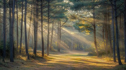 Obraz premium Morning sunshine filtering through tall pine trees in a quiet forest