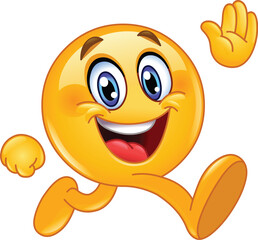 Happy Emoji Emoticon Walking and Waving with a Big Smile