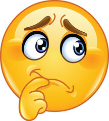 Emoji Emoticon with a Worried Expression and a Hand Touching Its Mouth in a Thinking Pose