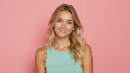 Beautiful woman smiling in front of a pink background