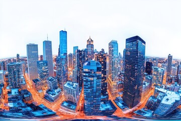Panoramic cityscape view of a bustling metropolis at twilight. High-rise buildings, illuminated streets, and a dense urban landscape are showcased in a 360-degree perspective
