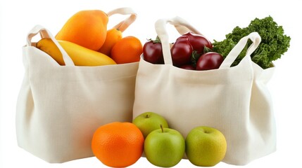 Reusable grocery bags filled with fresh produce
