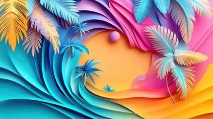 Obraz premium Colorful paper waves with palm trees
