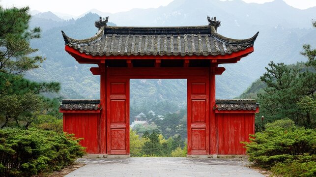 Red wooden gate at the entrance to a Chinese temple, mountain backdrop