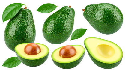 Fresh avocados with glossy green skin and leaves are displayed, showcasing whole and halved fruits with visible seeds. vibrant colors highlight their ripe, healthy appearance