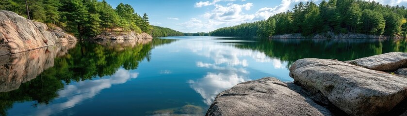Scenic view of lake in pine forest with reservoir and sky concept. Scenic view of tranquil lake surrounded by lush greenery.
