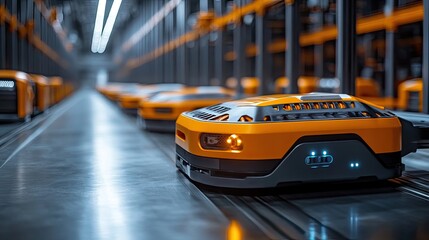 Automated delivery robots moving along warehouse conveyor system.