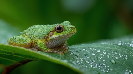 Fototapeta premium Green Frog on a Dewy Leaf