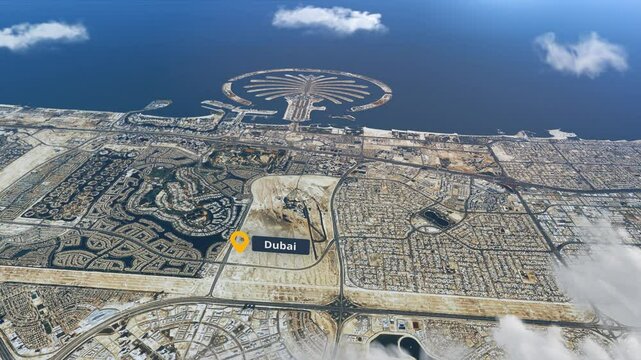 Dubai Palm Jumeirah Aerial Animation Satellite Map with Dynamic Clouds and English City Label