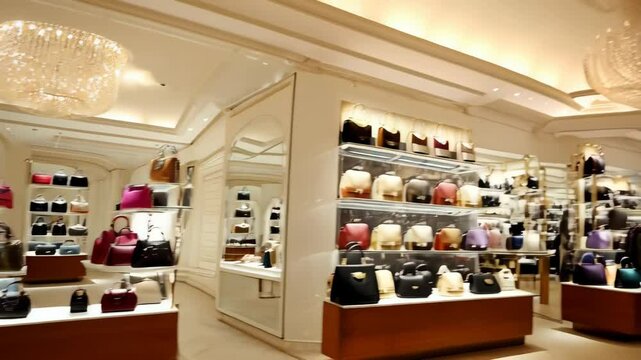Stylish handbags displayed on shelves in boutique, featuring various colors, textures, and designs, creating luxury shopping experience with elegant interior