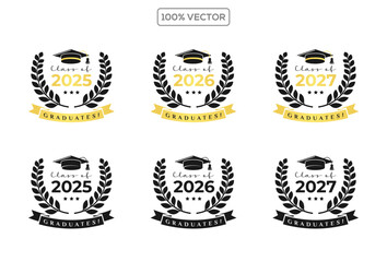 Set of class of 2025 2026 2027 graduation award emblem design template, graduation cap with laurel wreath in gold color template design collection