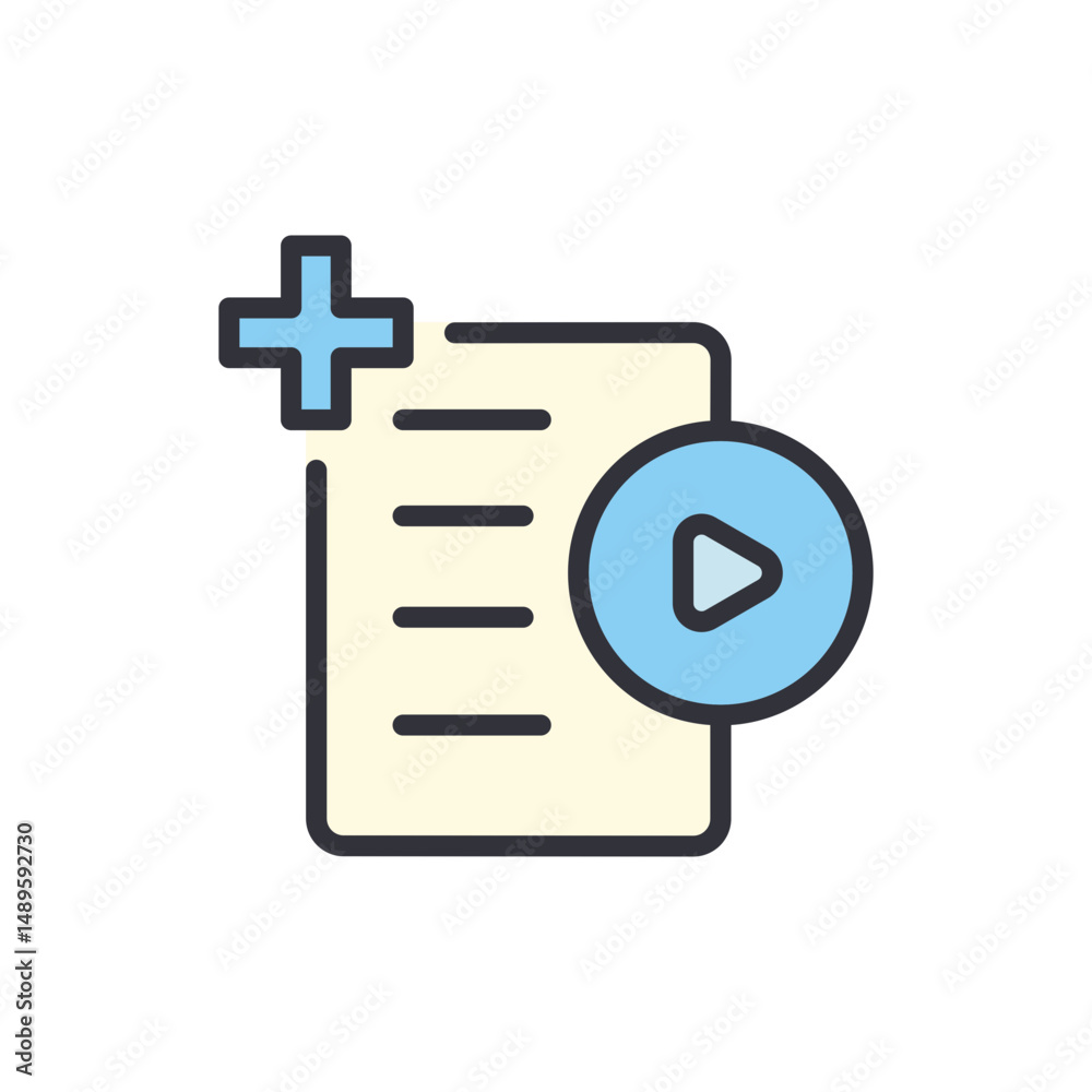 Poster multimedia document with new addition and video play functionality symbol