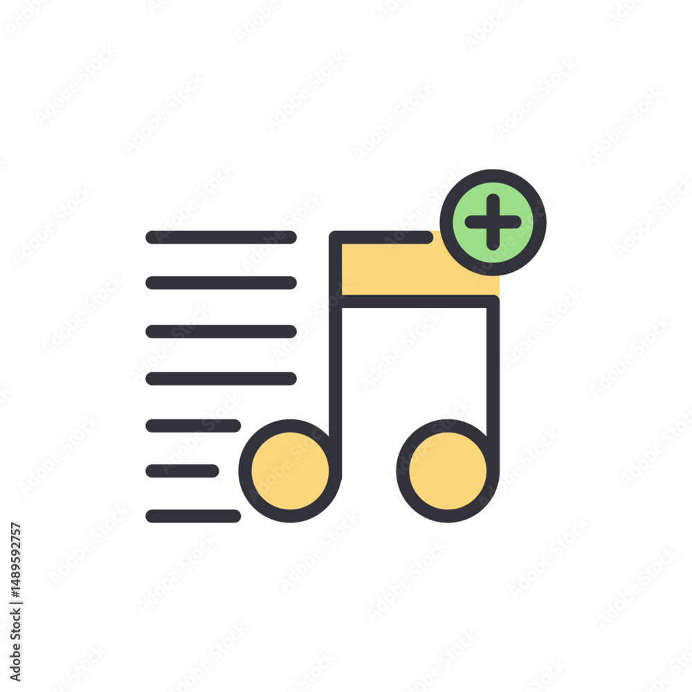 Poster stylized music note icon with addition sign and dynamic lines element