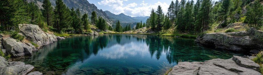 Obraz premium Scenic view of lake in pine forest with cloudy summer sky concept. A serene lake surrounded by lush green trees and majestic mountains.