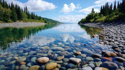 Scenic view of lake in pine forest with reservoir and sky concept. Serene river landscape with clear water and smooth stones under clouds.