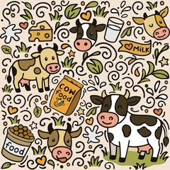 Obraz premium The seamless pattern of cow as pet ornament and doodle art, showing cow and many doodle ornament which is everything loved by cow as a pet. This pattern can be use to be fabric pattern, and many other