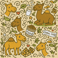 Obraz premium The seamless pattern of camel as pet ornament and doodle art, showing camel and many doodle ornament which is everything loved by camel as a pet. This pattern can be use to be fabric pattern, and many