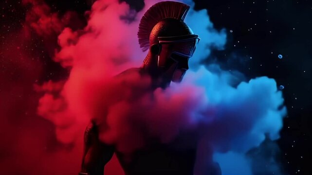 Spartan warrior with color smoke on background