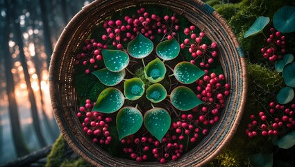 Basket with Green Leaves and Red Berries in Forest Setting