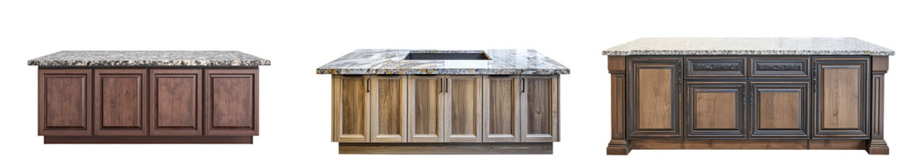 Modern kitchen islands showcase variety of styles and finishes, featuring elegant granite countertops and rich wooden cabinetry. These versatile pieces enhance functionality and aesthetics any