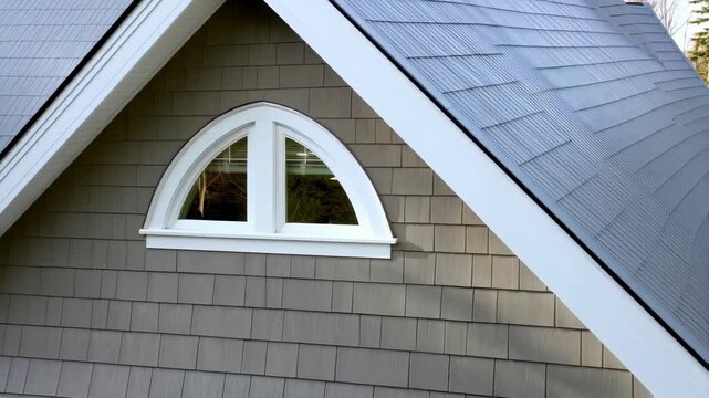 Close-up of a house exterior with gray wood shingles, white trim, and a white arched window; architectural detail of residential home.