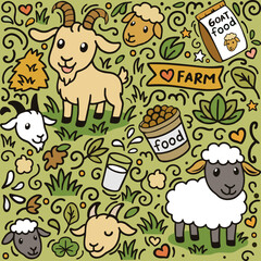 The seamless pattern of sheep and goat as pet ornament and doodle art, showing farm and many doodle ornament which is everything loved by sheep and goat as a pet. This pattern can be use on fabric 
